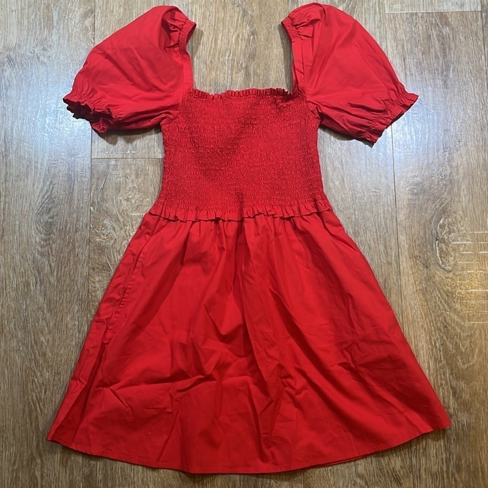 French Connection Rhodes Red Smocked Mini Dress Cotton Like New Women's Size 2 - Picture 3 of 13